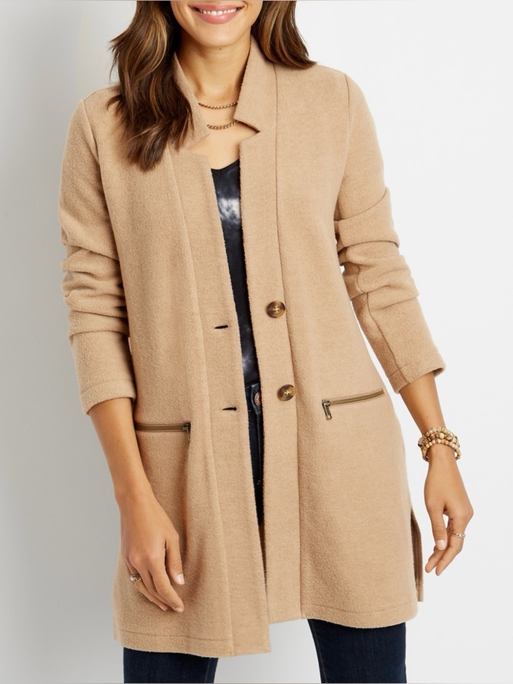 Maurices Solid Tan Button Front Jacket Zipper Pocket Plush Teddy Small Women’s